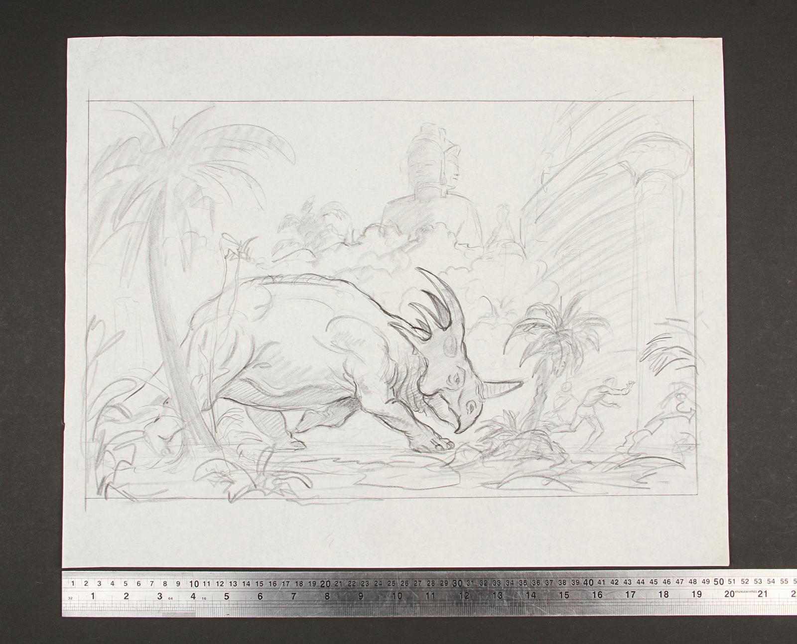 KING OF THE GENIIS (1973) - Ray Harryhausen Hand-Drawn Concept Of The Charging Styracosaurus A - Image 5 of 5