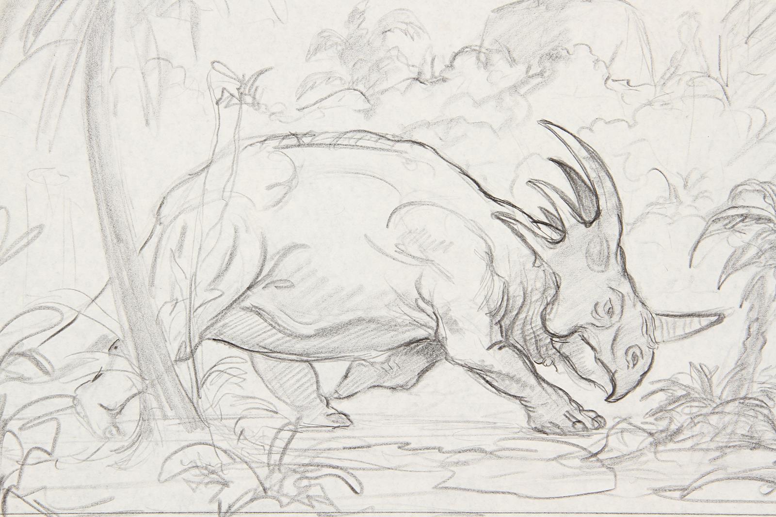 KING OF THE GENIIS (1973) - Ray Harryhausen Hand-Drawn Concept Of The Charging Styracosaurus A - Image 2 of 5