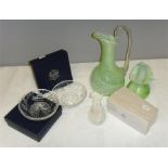 A green Murano glass jug and vase, together with two Stuart crystal dishes with original boxes and a