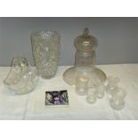 Four Edinburgh Crystal glasses etched with thistle design, together with a cut glass vase and