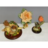 A Country Artists Robin, a Capodimonte Yellow Rose, signed to the base by the artist, and an