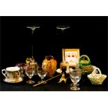 A miscellaneous quantity of ceramics and glass including four toasting glasses hand painted with