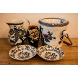 A quantity of ceramics including a ceramic slop bucket & cover, with handle, vase, two blue and