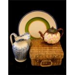 A quantity of miscellaneous items including a large plate, a wicker box, jug etc.