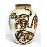 A Chelsea Pottery jar, by Joyce Morgan stoneglazed and depciting cats in various poses.