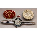 A Womens Voluntary Service WVRS badge, an RAF sweetheart brooch and a For Loyal Service badge. (3)