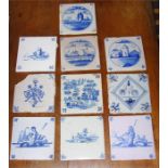 A group of ten 18th century and later blue and white Delft tiles, depicting various scenes, some