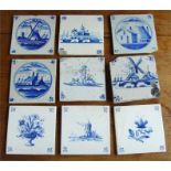 A group of nine 18th century and later blue and white Delft tiles depicting various scenes including