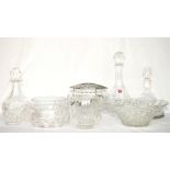 A quantity of crystal and glass including three decanters, flower frog, three bowls etc.