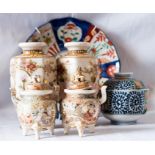 A pair of Chinese Satsuma urns & covers, a pair of Satsuma style vases of baluster form depicting