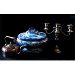 A Victorian copper & brass kettle, a silver plated three branch candleabra, and a Spode tureen and