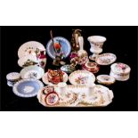 A group of ceramics including Crown Staffordshire Bone China dressing table set, pair of candle