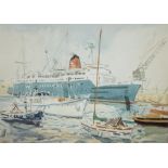 A 20th century watercolour depicting a ship in harbour, unsigned, 29 by 38cm.