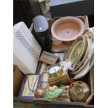 A mixed lot including binoculars, set of dominoes, brass clock, a Gentlemans Relish pot, and a