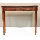 A 19th century mahogany tea table with cross banded folding top, above square tapered legs, 72 by 89