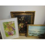 Three pictures; a seascape, floral print in a gilt