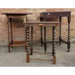 Three oak barleytwist occasional tables, one with shaped oval top with peripheral stretchers. (3)