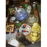 A mixed group of ceramics including a Copeland Spode blue and white tea pot, Old Mother Hubbard