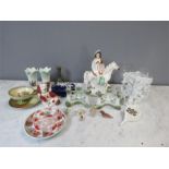 A quantity of ceramics including a 19th century Staffordshire flatback lady on a horse, a