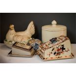 A Burslem Parrott & Co butter dish, a Burleigh ware Japonica pattern cheese dish, an EM & Co