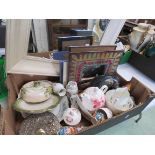 A box of miscellaneous items, including a Victorian hand held mirror, wooden ducks, china and wall