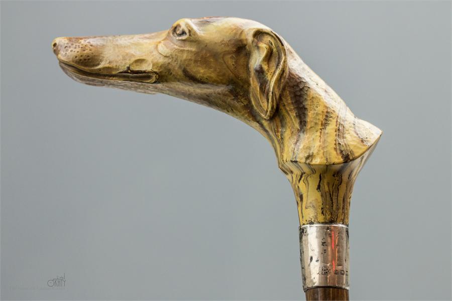 A walking cane with painted greyhound head handle and silver metal ferule. - Image 2 of 2