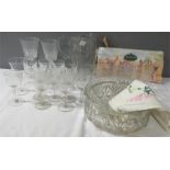 A quantity of glassware including an etched jug and glass set, Edwardian sherry glass set etc.