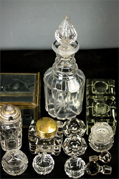 A quantity of Edwardian and later glassware including decanter, inkwell, candle holders, salts,