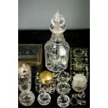 A quantity of Edwardian and later glassware including decanter, inkwell, candle holders, salts,