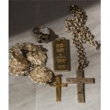 A 9ct gold cross pendant, together with a silver cross and chain, a silver and marcasite ring, and a