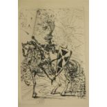 A lithograph sketch of Knight on horseback, unsigned, 22 by 16.5cm.