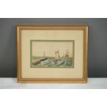 A miniature watercolour; ships on stormy seas with lighthouse, 8 by 13.5cm.