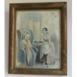 E. Bronte (19th century): a Victorian watercolour and pencil drawing of a maid feeding the Lady of