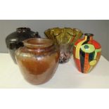 An Art Glass 'handkerchief type vase', an abstract art glazed jar. black stoneglazed jar with