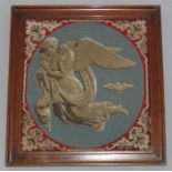 A beadwork and needlework panel, depicting cherubs and seraphim to the centre, 46 by 42cm.