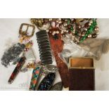 A group of costume jewellery to include necklaces, bangle, snakeskin box, penknives etc.