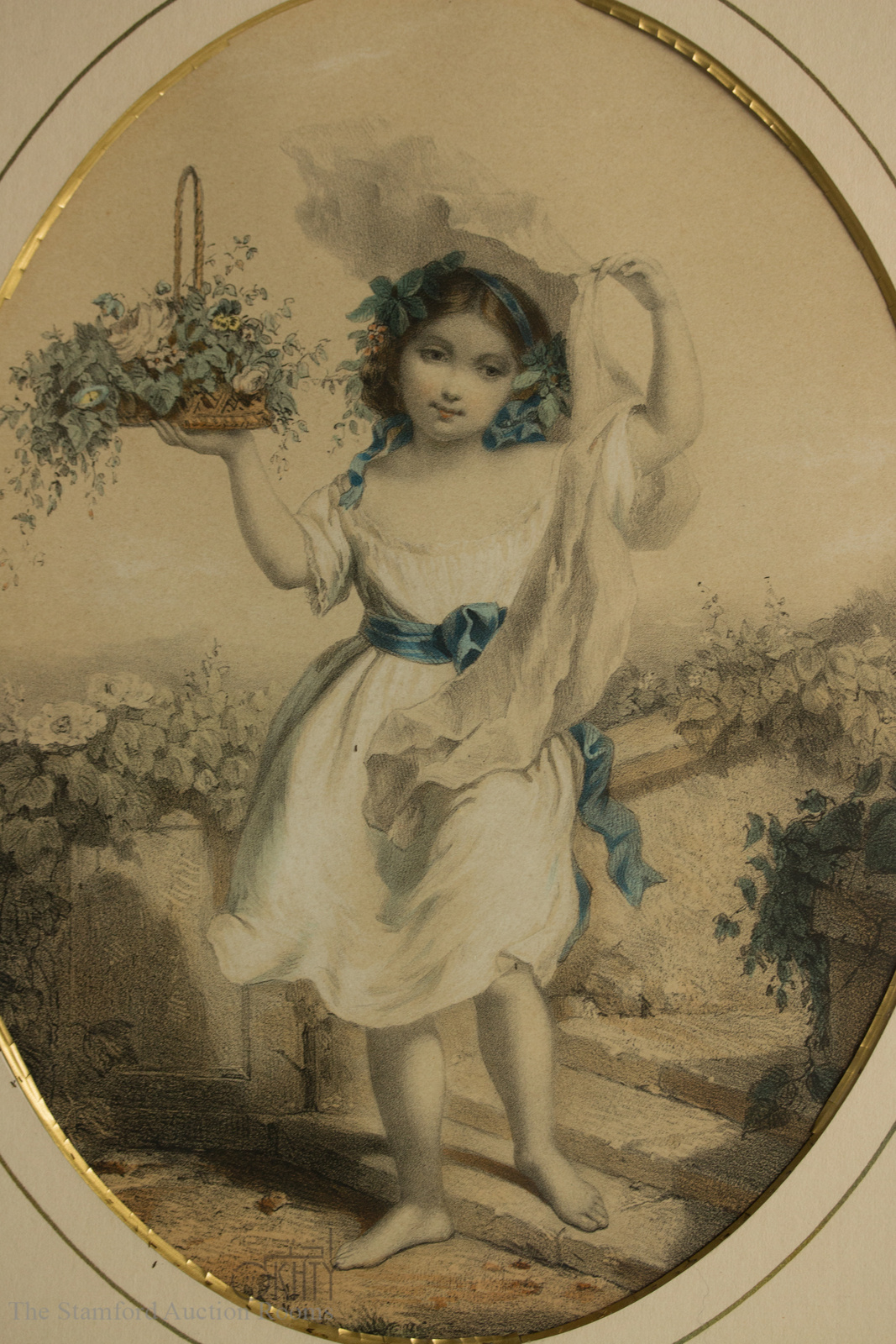 An early 19th century watercolour depicting a young girl holding a basket of flowers, hand tinted,