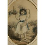 An early 19th century watercolour depicting a young girl holding a basket of flowers, hand tinted,