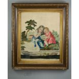 A Victorian gros point panel depicting young girls and a swan, 49 by 39cm.