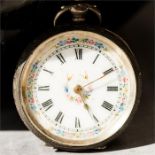 A silver ladies pocket watch, Birmingham 1896, the dial painted with flowers, together with two