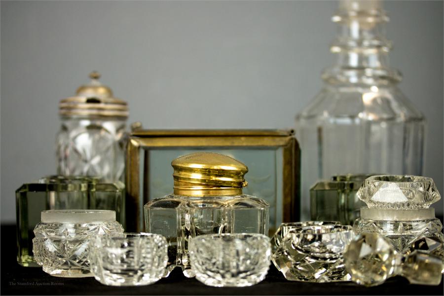 A quantity of Edwardian and later glassware including decanter, inkwell, candle holders, salts, - Image 2 of 2