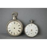 A silver pocket watch and case (lacking mechanism) together with another silver pocket watch with