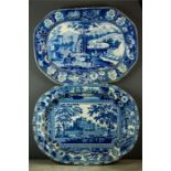 Two 19th century blue and white stoneglazed platters, both depicting landscape scenes.