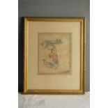 George Morland: 19th century pencil and pastel sketch of woman carrying kindling with a dog beside