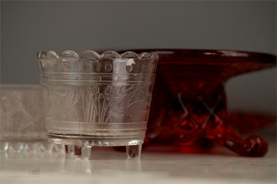 A group of Sowerby glassware, to include three dishes modelled with figures, a red 'lattice' work - Image 2 of 5