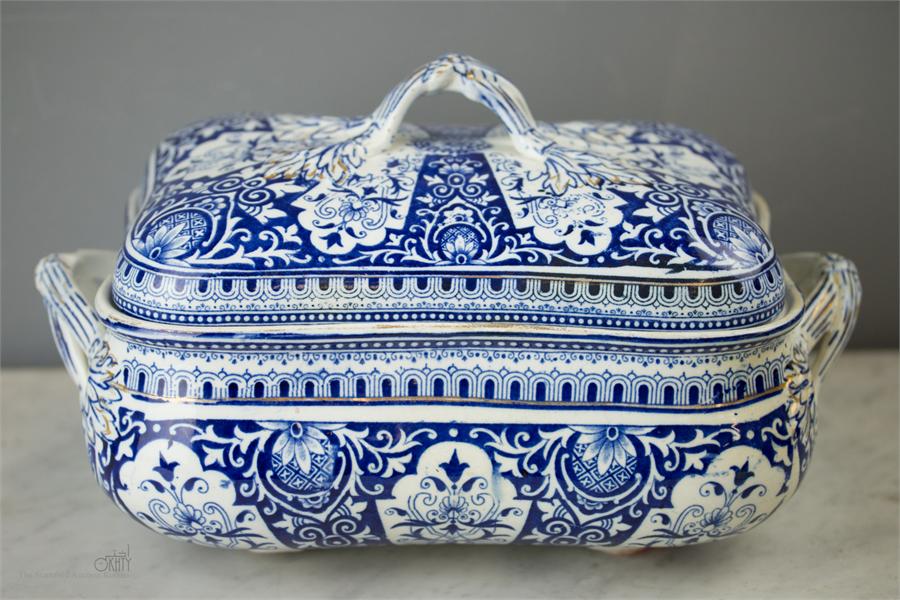 A blue and white lidded tureen, with registered mark to the base.