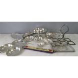 A quantity of silver plate including salt and pepper, mussel dish, cruet set, sweet meat dish,