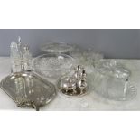 A quantity of silver plateware and glassware including a cruet set, crystal bowl, Arthur Price cruet