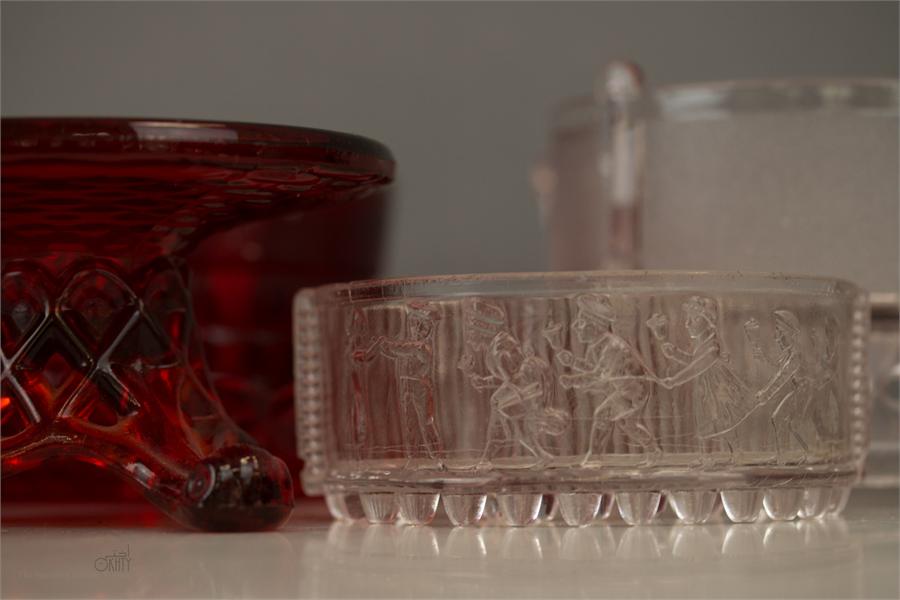 A group of Sowerby glassware, to include three dishes modelled with figures, a red 'lattice' work - Image 4 of 5