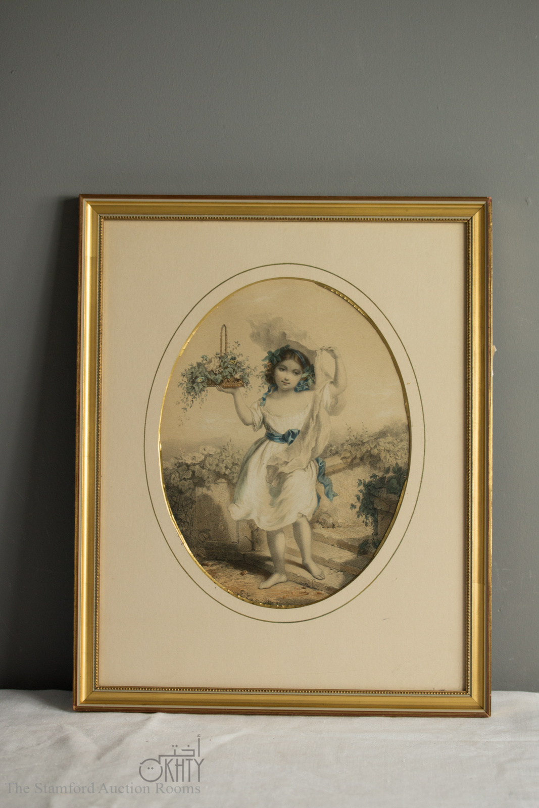 An early 19th century watercolour depicting a young girl holding a basket of flowers, hand tinted, - Image 2 of 2
